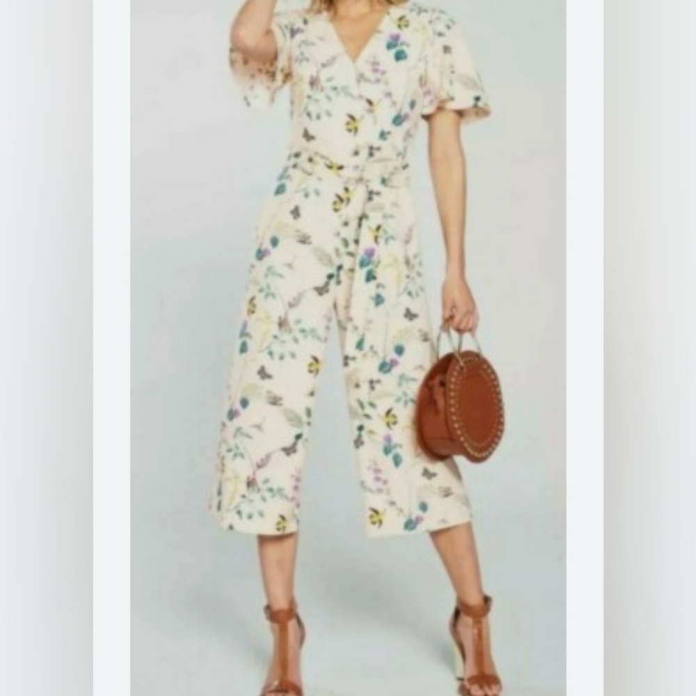 Oasis Cropped Jumpsuit Floral Cream V Neck Flutter Sleeve Tie Waist SZ 10 NWOT